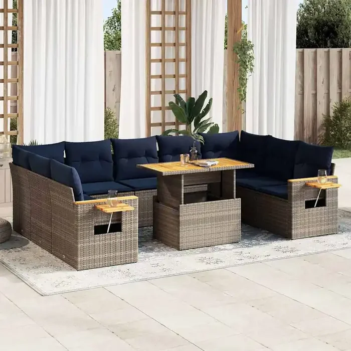 vidaXL 10 Piece Garden Sofa Set with Cushions Grey Poly Rattan Acacia