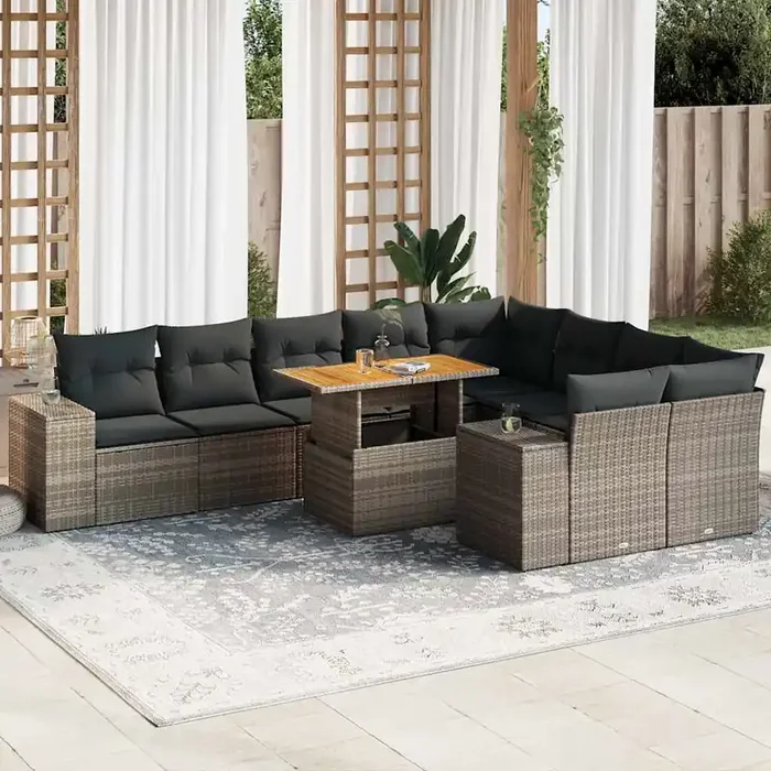 vidaXL 10 Piece Garden Sofa Set with Cushions Grey Poly Rattan Acacia