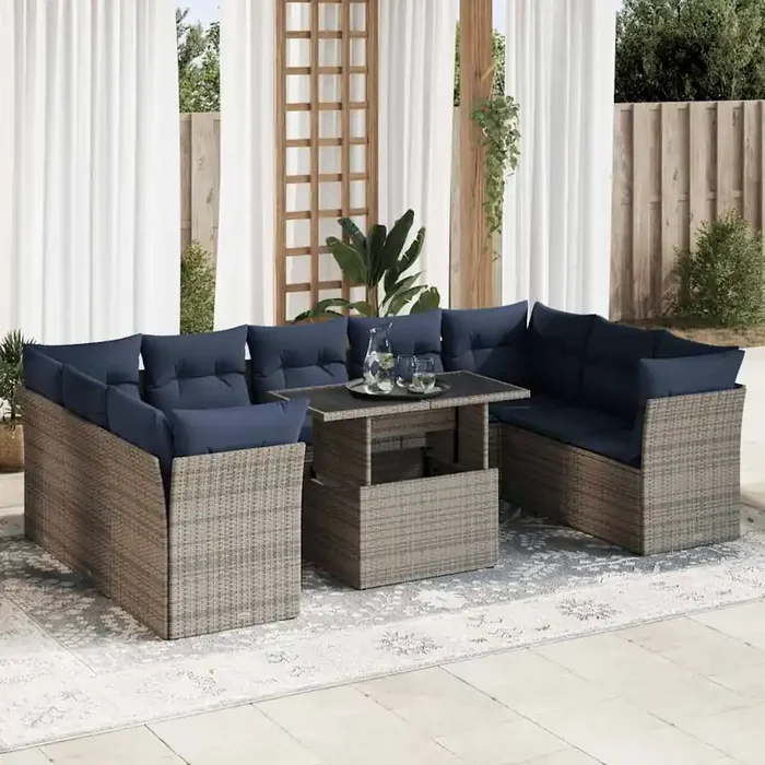 vidaXL 10 Piece Garden Sofa Set with Cushions Grey Poly Rattan Acacia