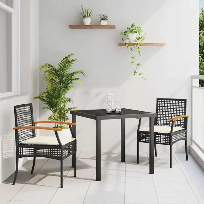 vidaXL 3 Piece Garden Dining Set with Cushions Black Poly Rattan