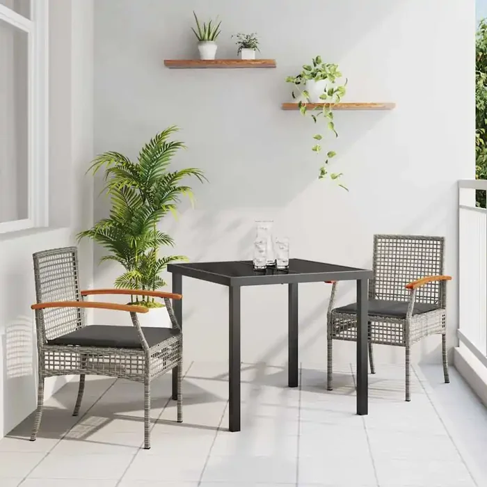 vidaXL 3 Piece Garden Dining Set with Cushions Grey Poly Rattan