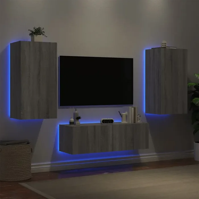 vidaXL 3 Piece TV Wall Cabinets with LED Lights Grey Sonoma