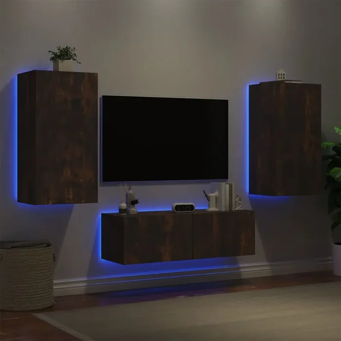 vidaXL 3 Piece TV Wall Cabinets with LED Lights Smoked Oak