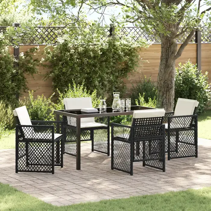 vidaXL 5 Piece Garden Dining Set with Cushions Black Poly Rattan