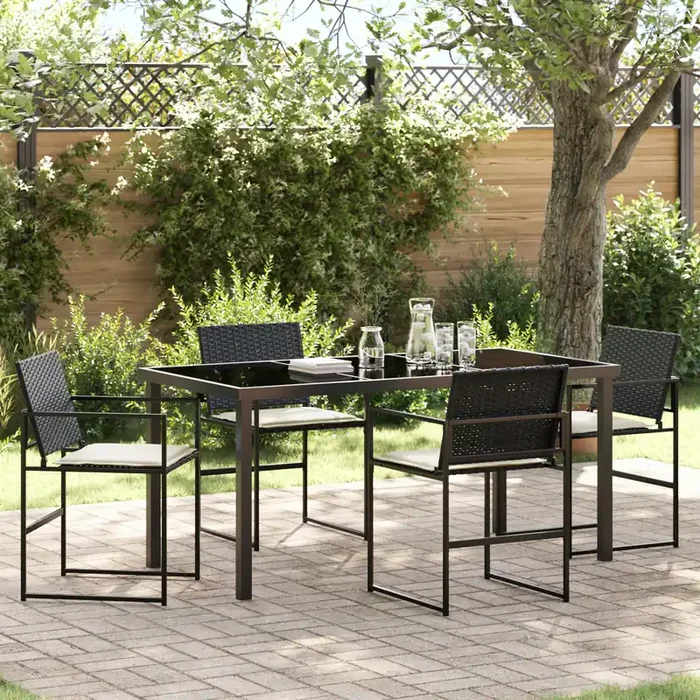 vidaXL 5 Piece Garden Dining Set with Cushions Black Poly Rattan