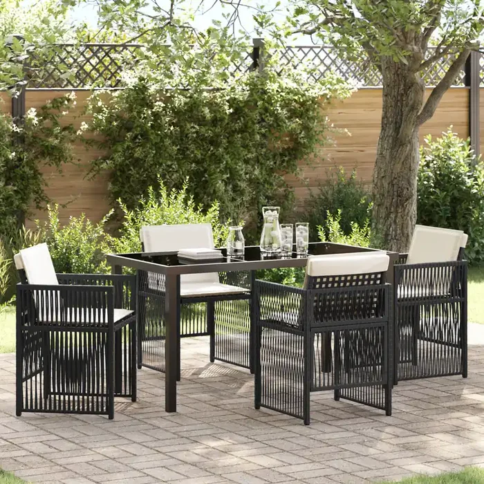 vidaXL 5 Piece Garden Dining Set with Cushions Black Poly Rattan