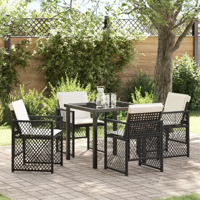 vidaXL 5 Piece Garden Dining Set with Cushions Black Poly Rattan