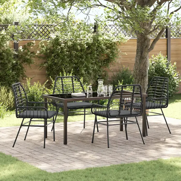 vidaXL 5 Piece Garden Dining Set with Cushions Black Poly Rattan