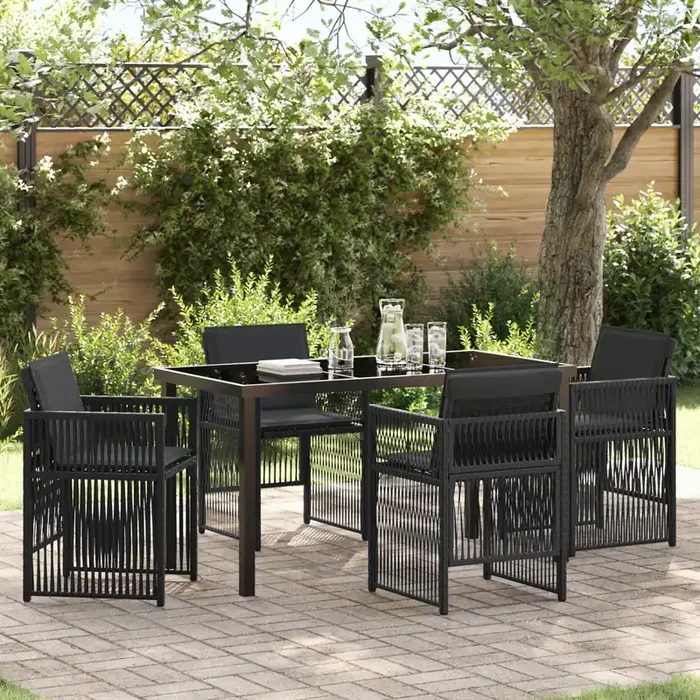 vidaXL 5 Piece Garden Dining Set with Cushions Black Poly Rattan