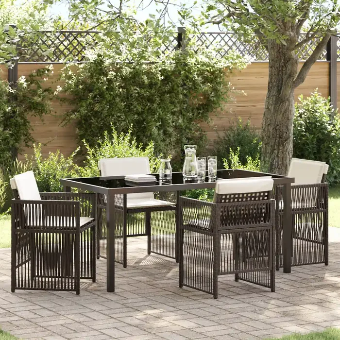 vidaXL 5 Piece Garden Dining Set with Cushions Brown Poly Rattan
