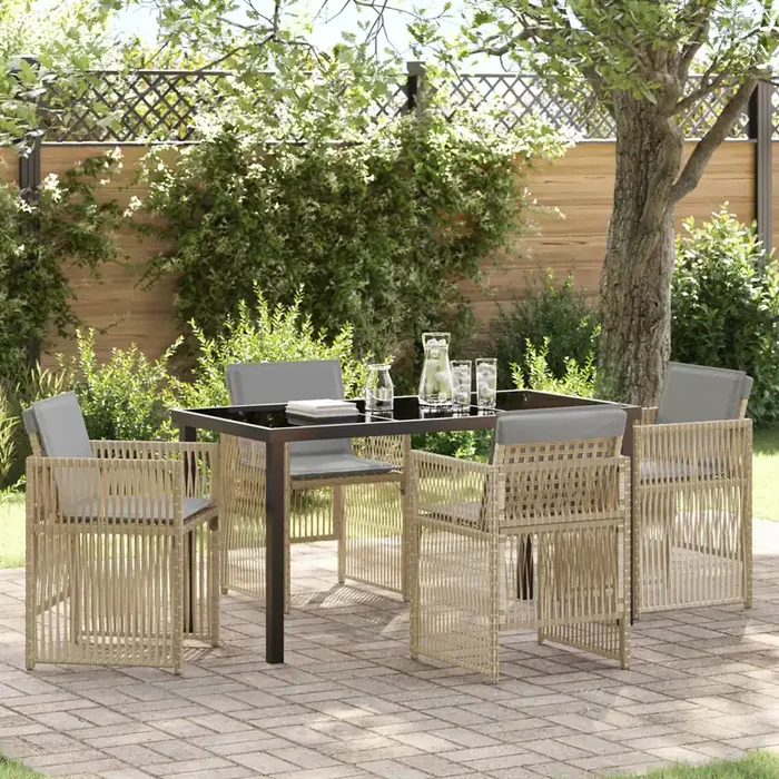 vidaXL 5 Piece Garden Dining Set with Cushions in Beige Poly Rattan