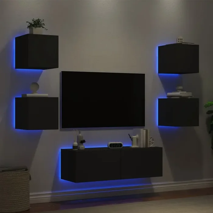 vidaXL 5 Piece TV Wall Cabinets with LED Lights Black