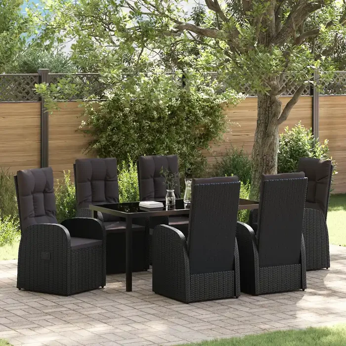 vidaXL 7 Piece Garden Dining Set with Cushions Black Poly Rattan