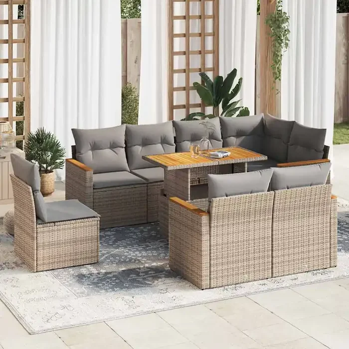 vidaXL 9 Piece Garden Sofa Set with Cushions Beige Poly Rattan Acacia