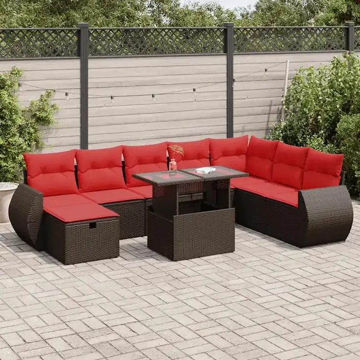 vidaXL 9 Piece Garden Sofa Set with Cushions Black Poly Rattan Acacia