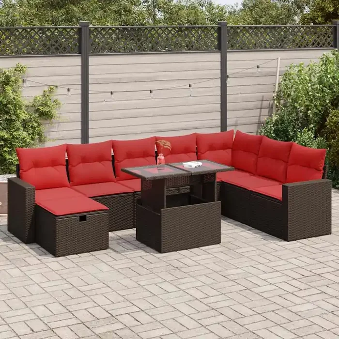 vidaXL 9 Piece Garden Sofa Set with Cushions Black Poly Rattan Acacia