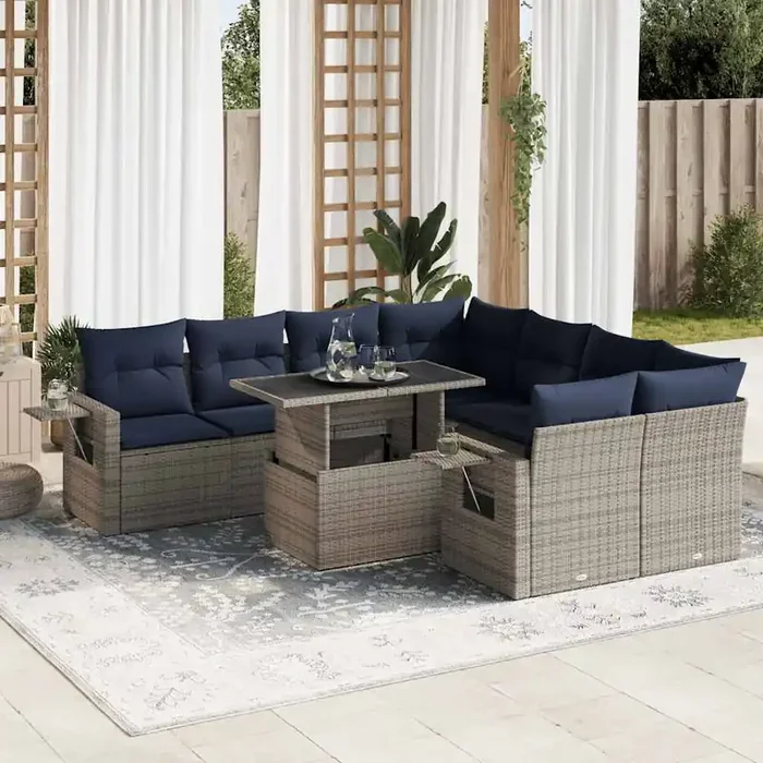 vidaXL 9 Piece Garden Sofa Set with Cushions Black Poly Rattan Acacia