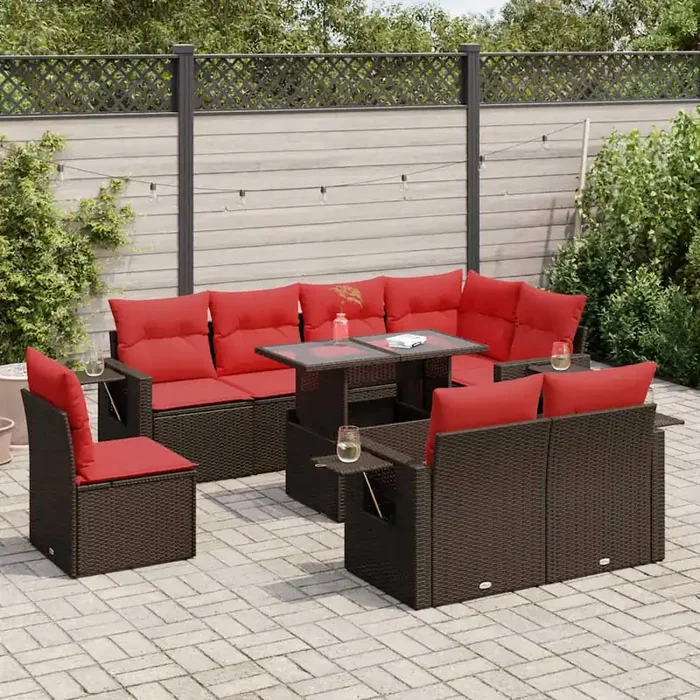 vidaXL 9 Piece Garden Sofa Set with Cushions Brown Poly Rattan Acacia