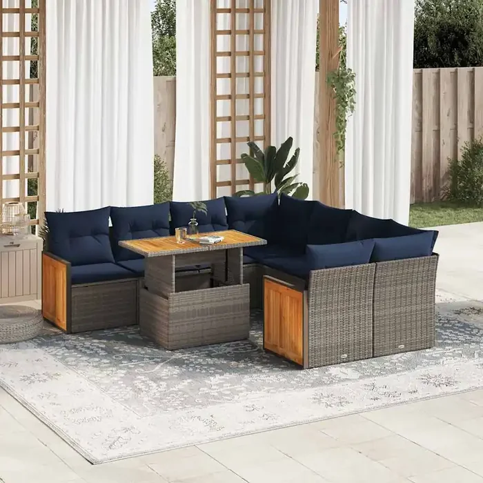 vidaXL 9 Piece Garden Sofa Set with Cushions Grey Poly Rattan Acacia