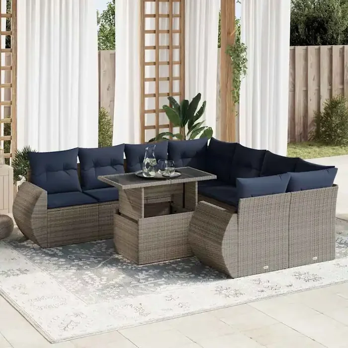 vidaXL 9 Piece Garden Sofa Set with Cushions Grey Poly Rattan Acacia