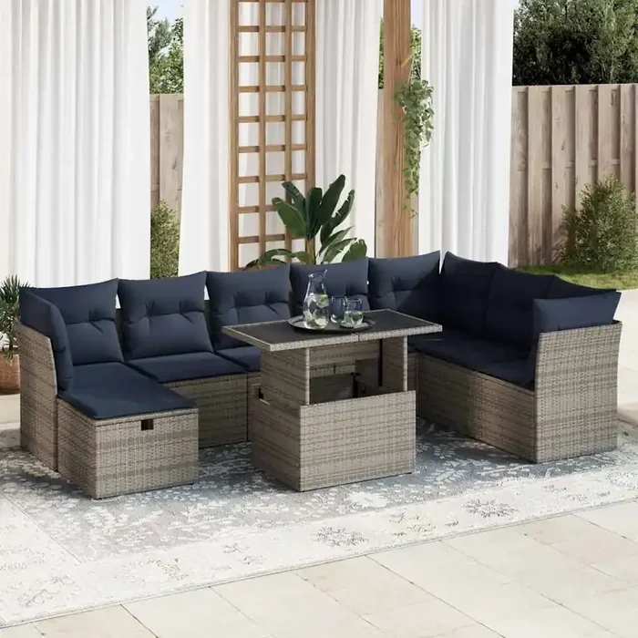 vidaXL 9 Piece Garden Sofa Set with Cushions Grey Poly Rattan Acacia
