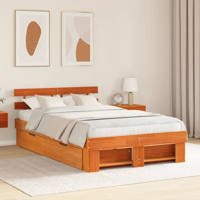 vidaXL Bed Frame with Drawers Wax Brown 140×190 cm Solid Pine Wood
