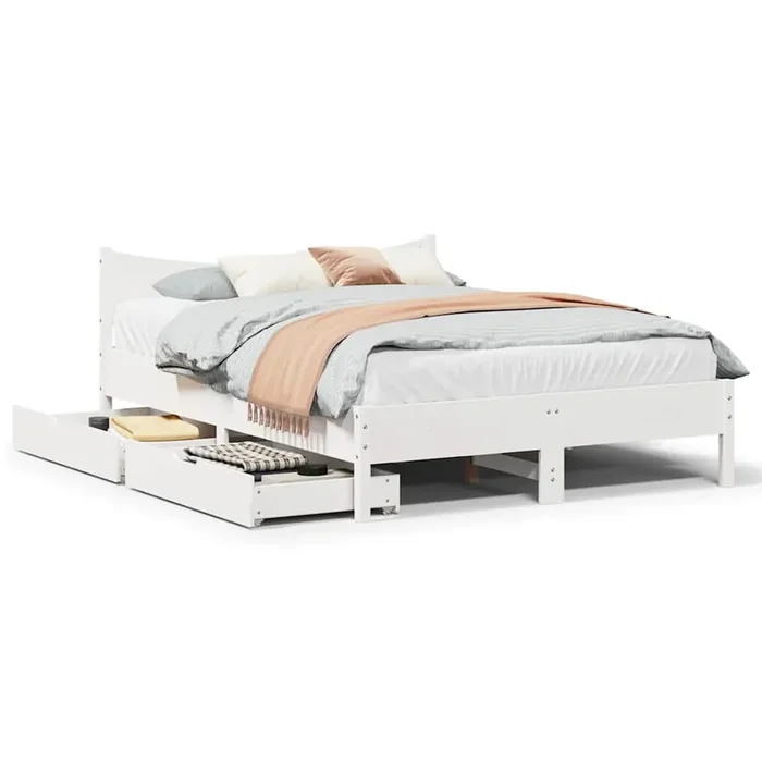 vidaXL Bed Frame with Drawers White 135×190 cm Double Solid Wood Pine