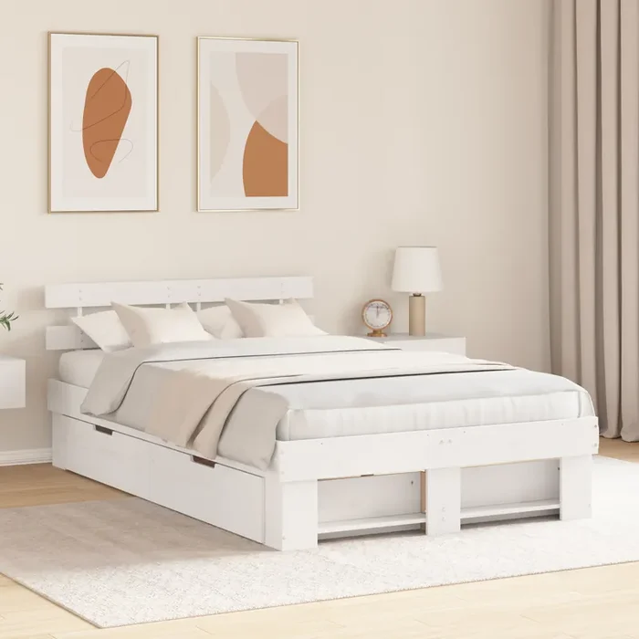 vidaXL Bed Frame with Drawers White 135×190 cm Solid Pine Wood