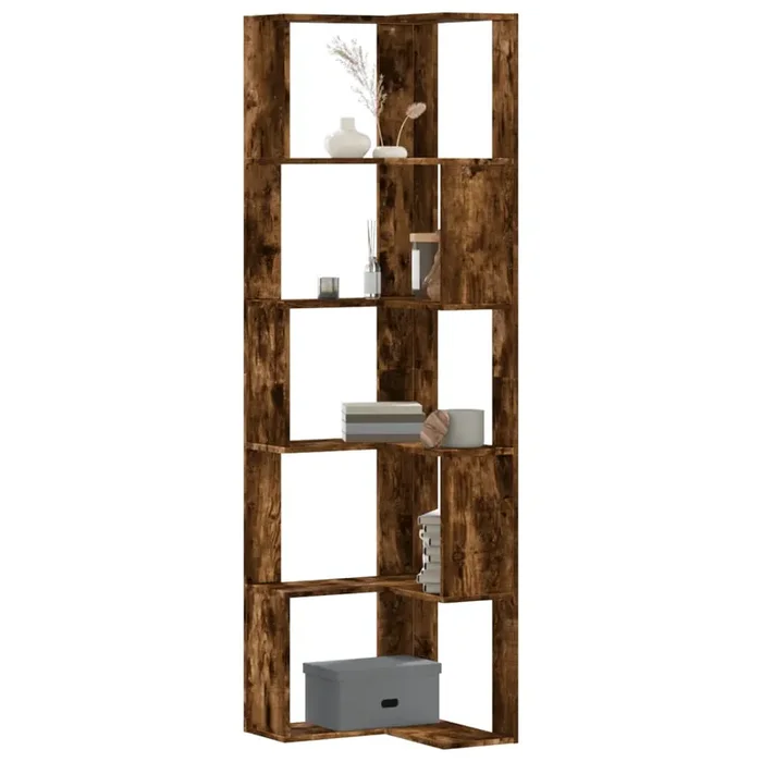 vidaXL Corner Bookcase 5-Tier Smoked Oak 50x50x179 cm Engineered Wood