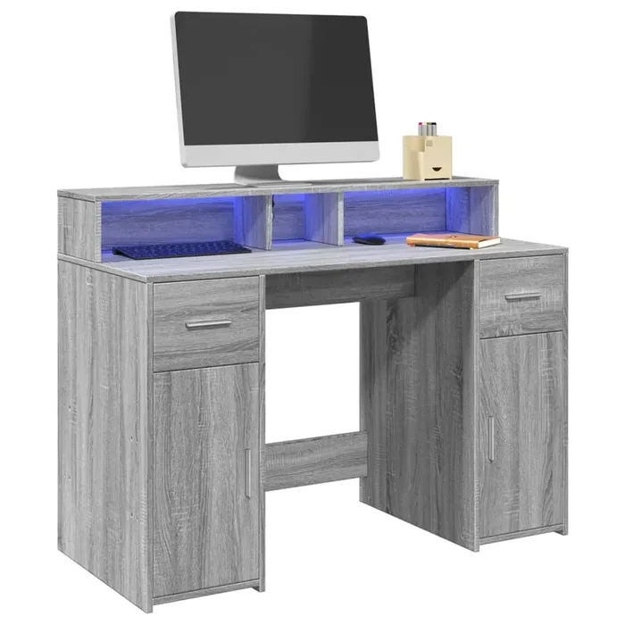 vidaXL Desk with LED Lights Grey Sonoma 120x55x91 cm Engineered Wood