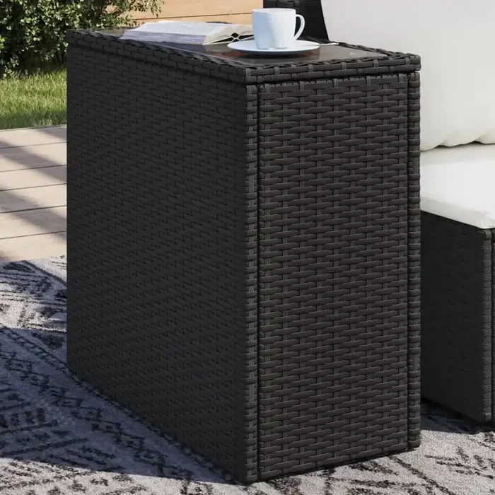 vidaXL Garden Side Table with Glass Top Black 58×27.5×55 cm Poly Rattan