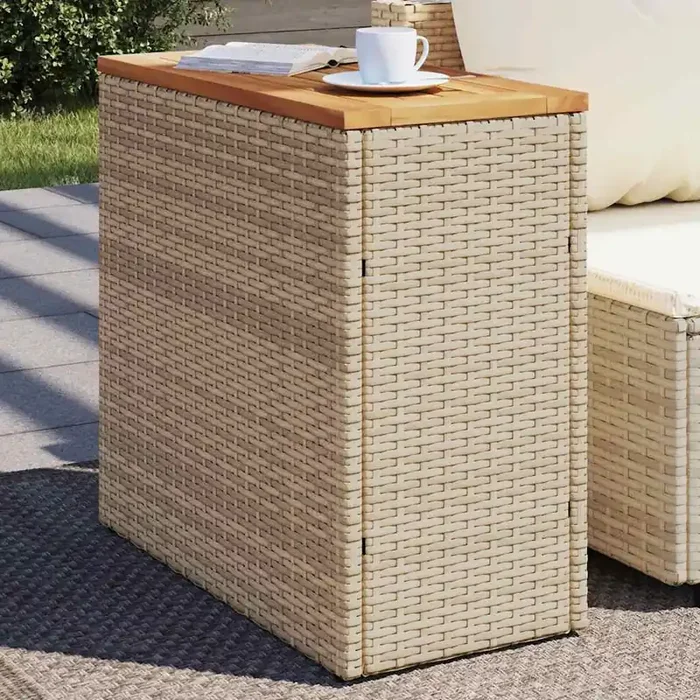 vidaXL Garden Side Table with Wooden Top Beige 58×27.5×55 cm Poly Rattan