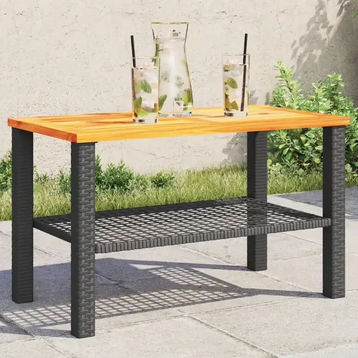 vidaXL Garden Table Black 70x38x42 cm Poly Rattan Acacia Wood