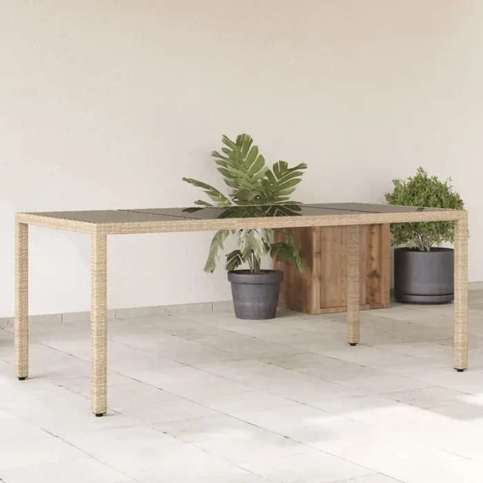 vidaXL Garden Table with Glass Top Beige 190x90x75 cm Poly Rattan