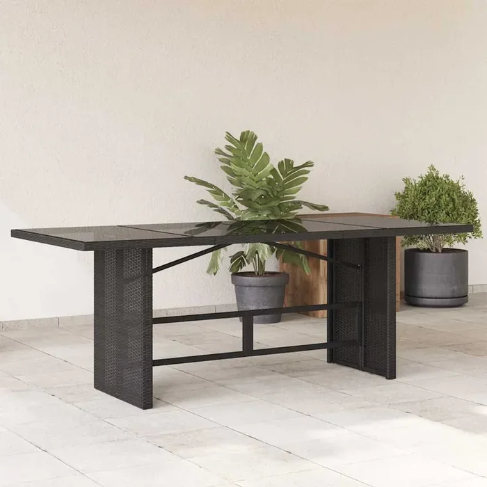 vidaXL Garden Table with Glass Top Black 190x80x74 cm Poly Rattan