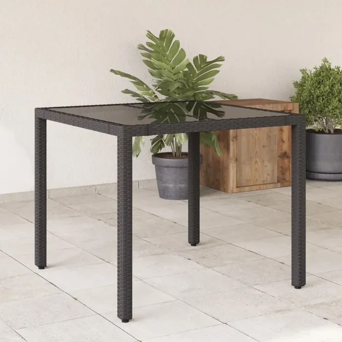 vidaXL Garden Table with Glass Top Black 90x90x75 cm Poly Rattan