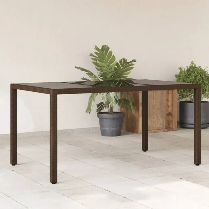 vidaXL Garden Table with Glass Top Brown 150x90x75 cm Poly Rattan