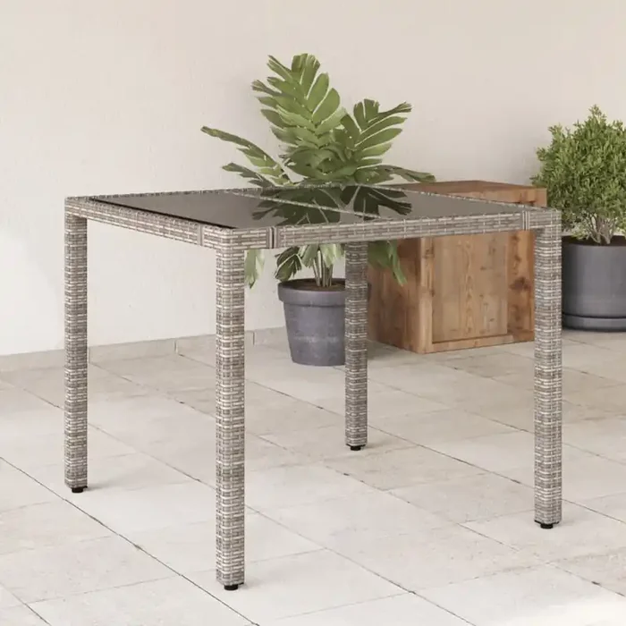 vidaXL Garden Table with Glass Top Grey 90x90x75 cm Poly Rattan