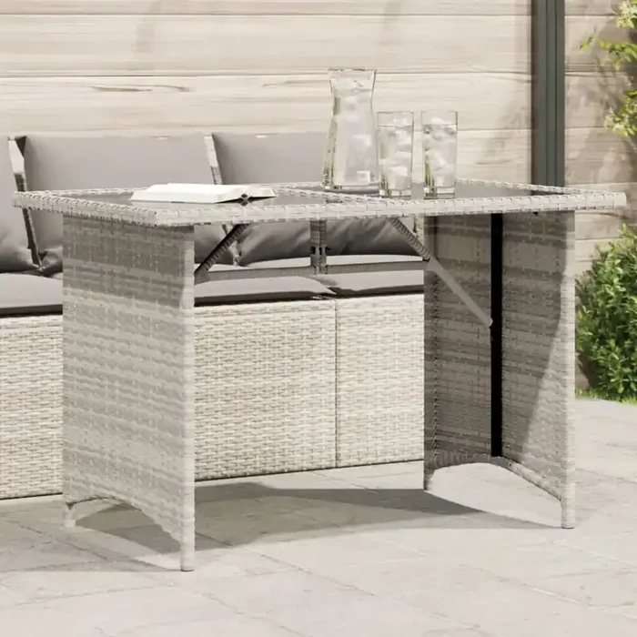 vidaXL Garden Table with Glass Top Light Grey 110x68x70 cm Poly Rattan