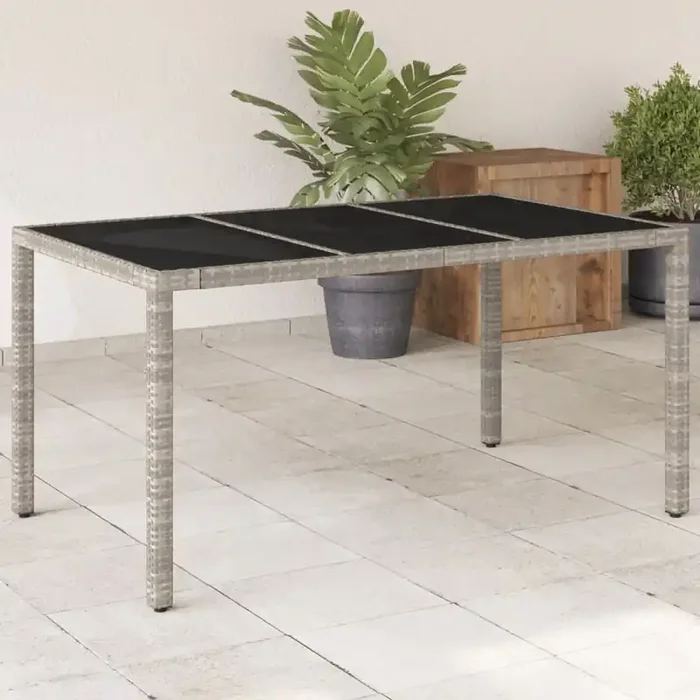 vidaXL Garden Table with Glass Top Light Grey 150x90x75 cm Poly Rattan