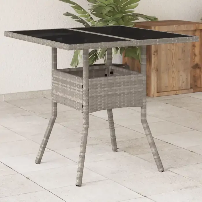 vidaXL Garden Table with Glass Top Light Grey 80x80x75 cm Poly Rattan