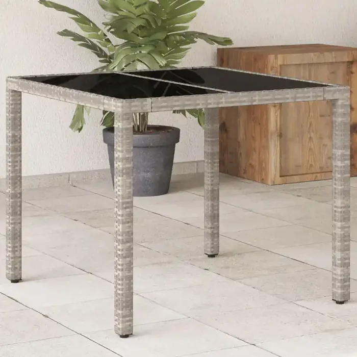 vidaXL Garden Table with Glass Top Light Grey 90x90x75 cm Poly Rattan