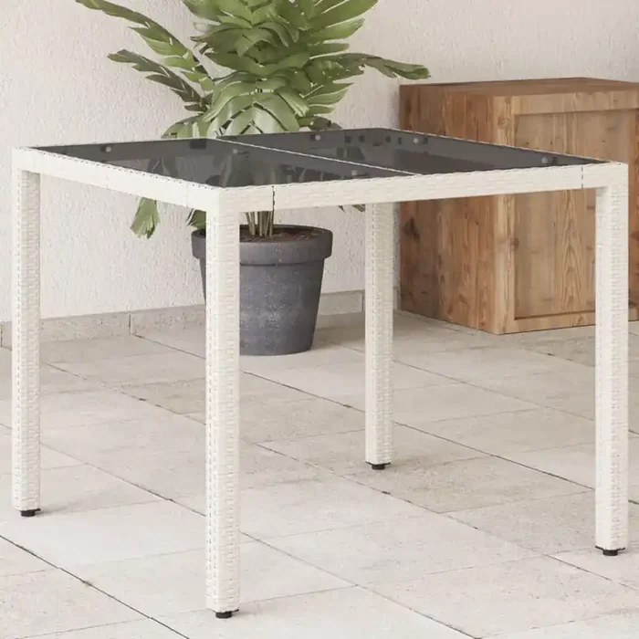 vidaXL Garden Table with Glass Top White 90x90x75 cm Poly Rattan