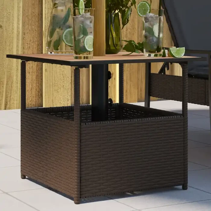 vidaXL Garden Table with Parasol Hole Brown 55x55x46.5 cm Poly Rattan