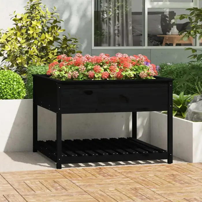 vidaXL Planter with Shelf Black 111.5×111.5×81 cm Solid Wood Pine