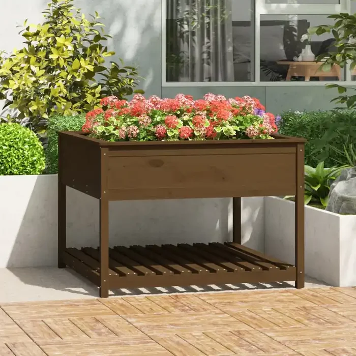 vidaXL Planter with Shelf Honey Brown 111.5×111.5×81 cm Solid Wood Pine