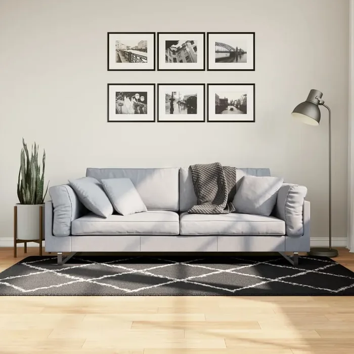vidaXL Shaggy Rug PAMPLONA High Pile Modern Black and Cream 100×200 cm