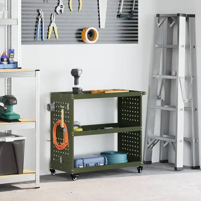 vidaXL Tool Trolley with Shelf with Wheel Olive green Medium Powder-coated steel
