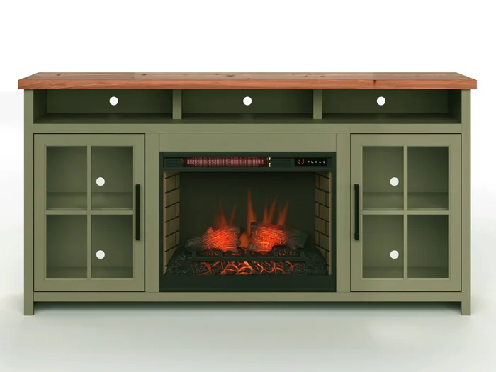 Vineyard – 74″ Fireplace TV Stand Console For TVs Up To 85″ – Sage Green And Fruitwood