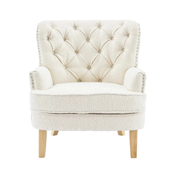 Vintage Style Club Chair, Granular Plush Fabric, Rubber Wood Legs – Almond